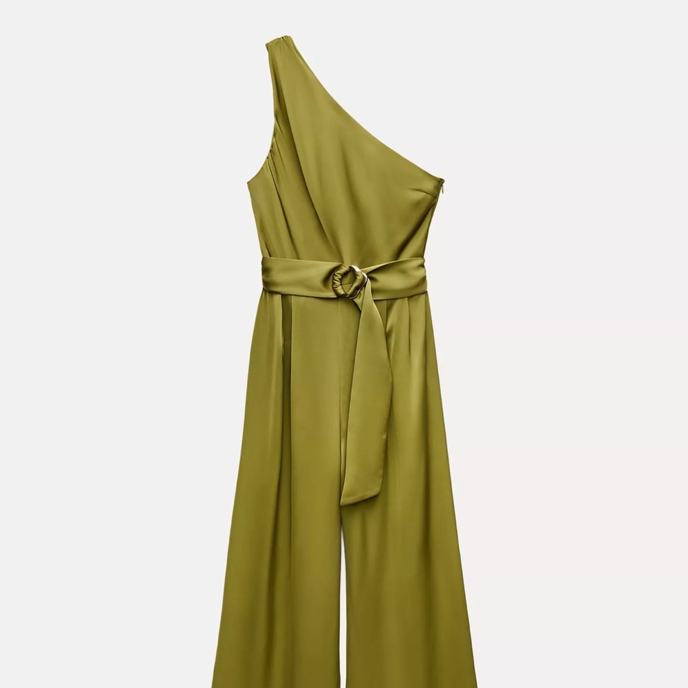Zara Satin Green One-Shoulder Jumpsuit